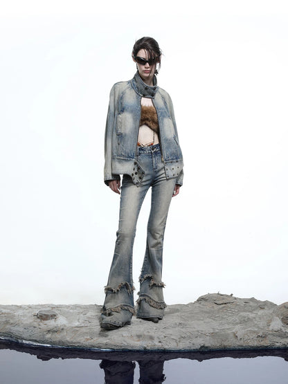 Ruffle Wash Flared Denim Trousers