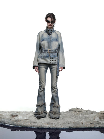 Ruffle Wash Flared Denim Trousers