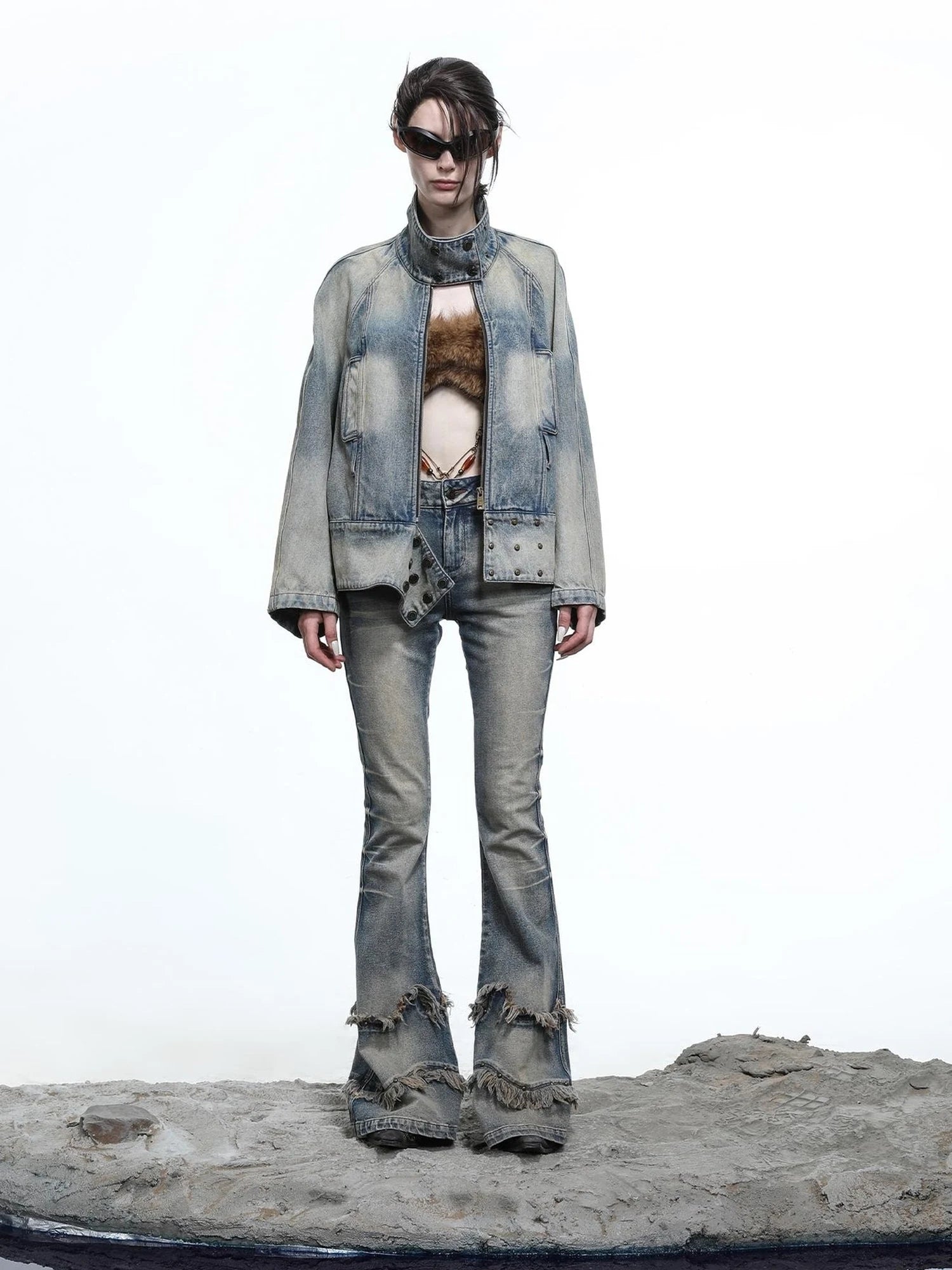 Ruffle Wash Flared Denim Trousers