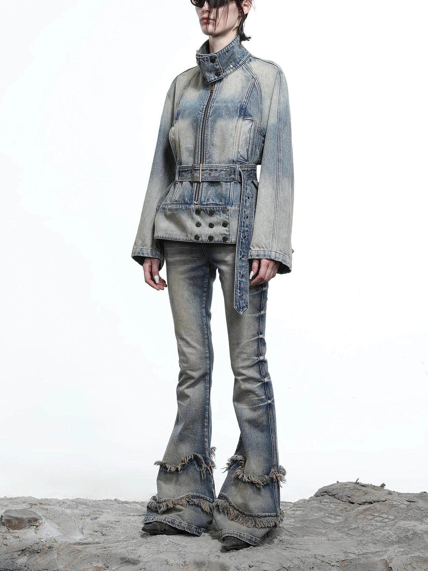 Ruffle Wash Flared Denim Trousers