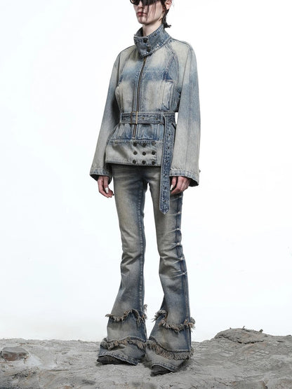 Ruffle Wash Flared Denim Trousers