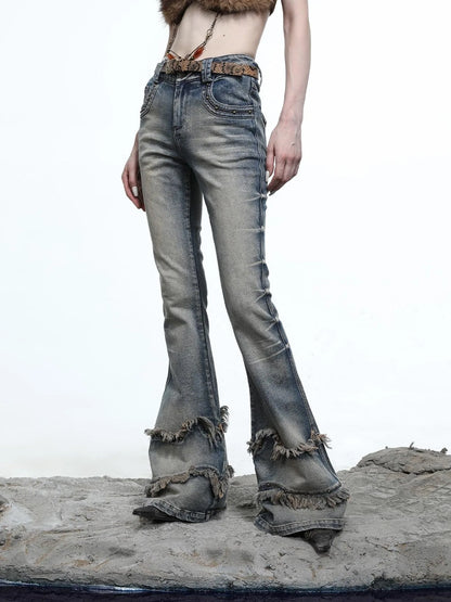 Ruffle Wash Flared Denim Trousers