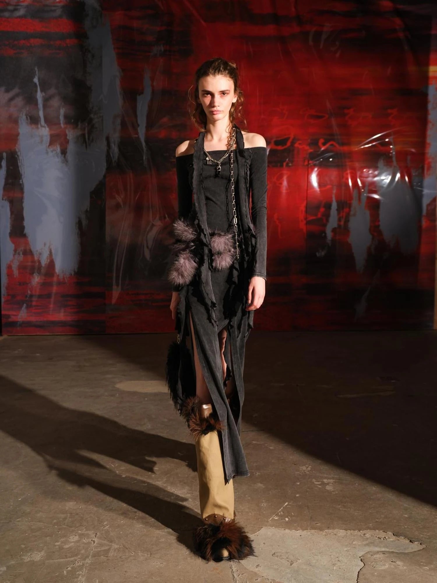 Ruffled Off Shoulder Dress with Layered Hem