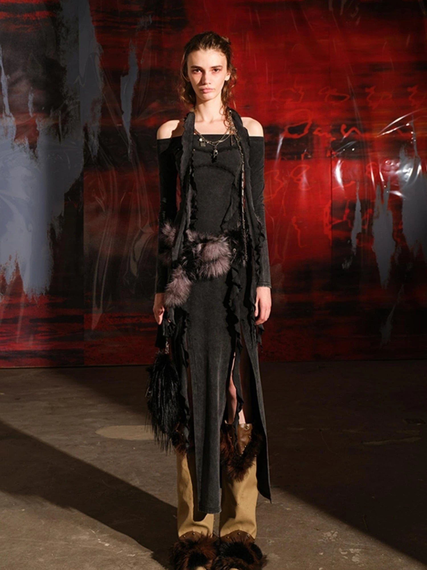 Ruffled Off Shoulder Dress with Layered Hem