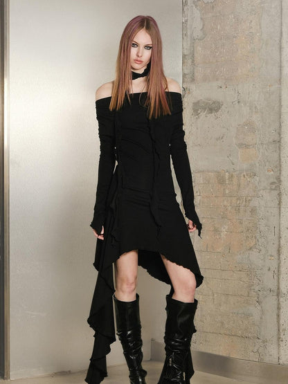 UpdateNN NORTH NODE Ruffled Wave Hem Asymmetrical Dress With Collar