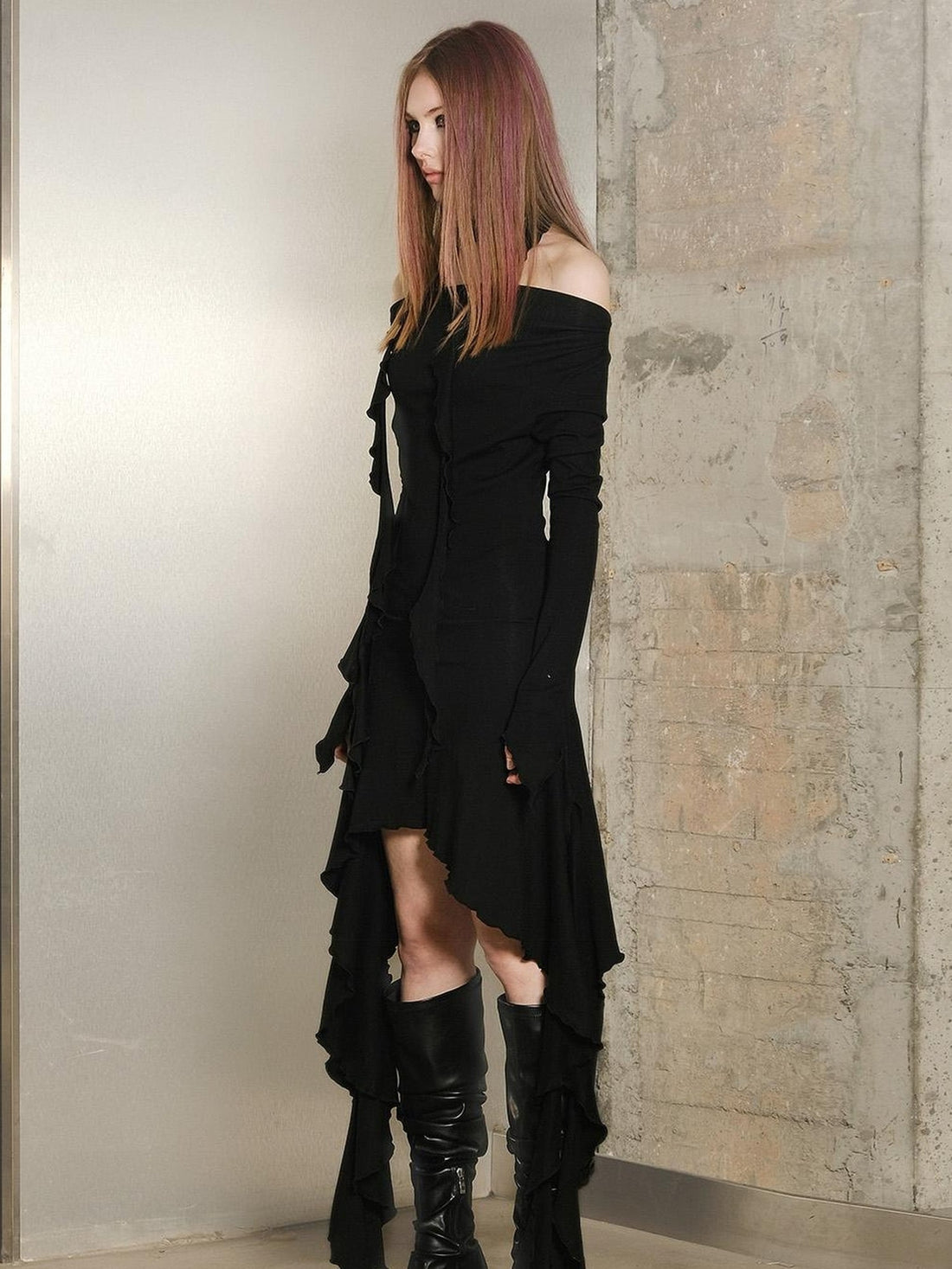 UpdateNN NORTH NODE Ruffled Wave Hem Asymmetrical Dress With Collar
