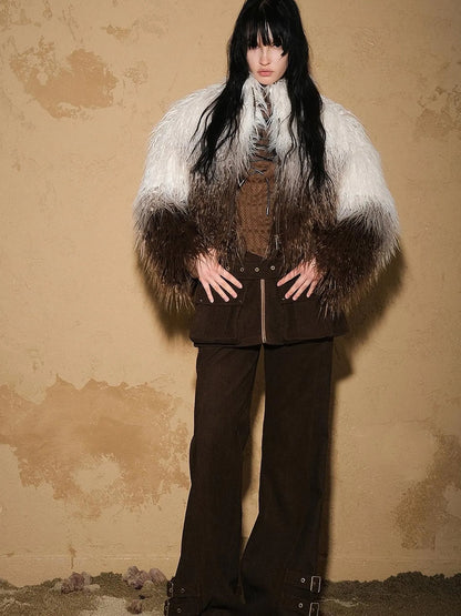 Sand City Gradient Fuzzy Coat V-neck T-shirt Long Sleeve
