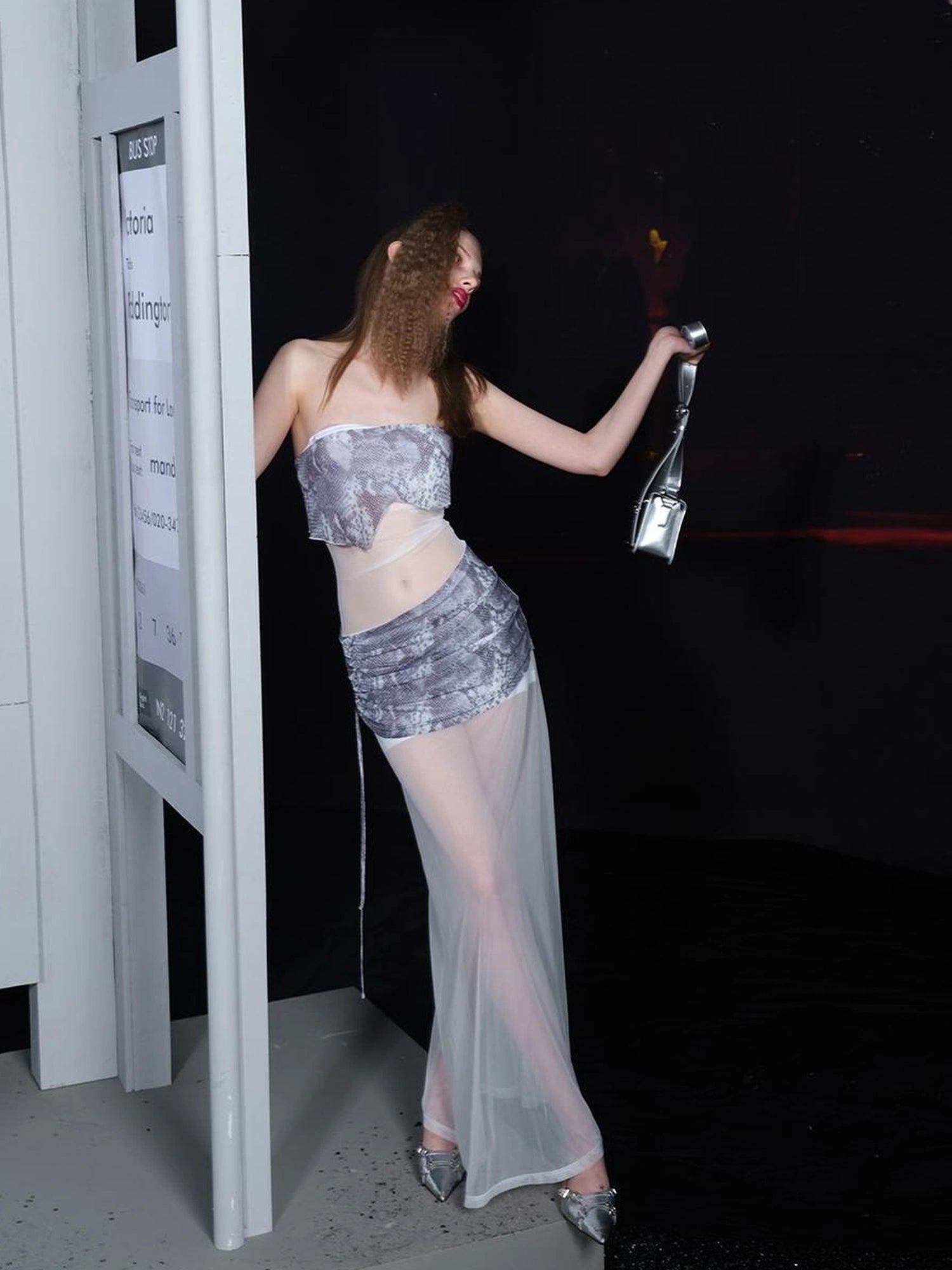 Sheer Mesh Paneled Dress V-neck T-shirt Long Sleeve