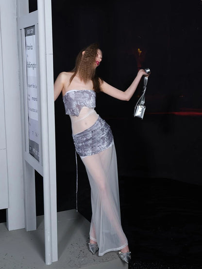 Sheer Mesh Paneled Dress V-neck T-shirt Long Sleeve