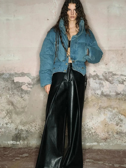 Short Puffer Jacket With 90 White Duck Down In Denim Style