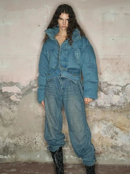 Short Puffer Jacket With 90 White Duck Down In Denim Style