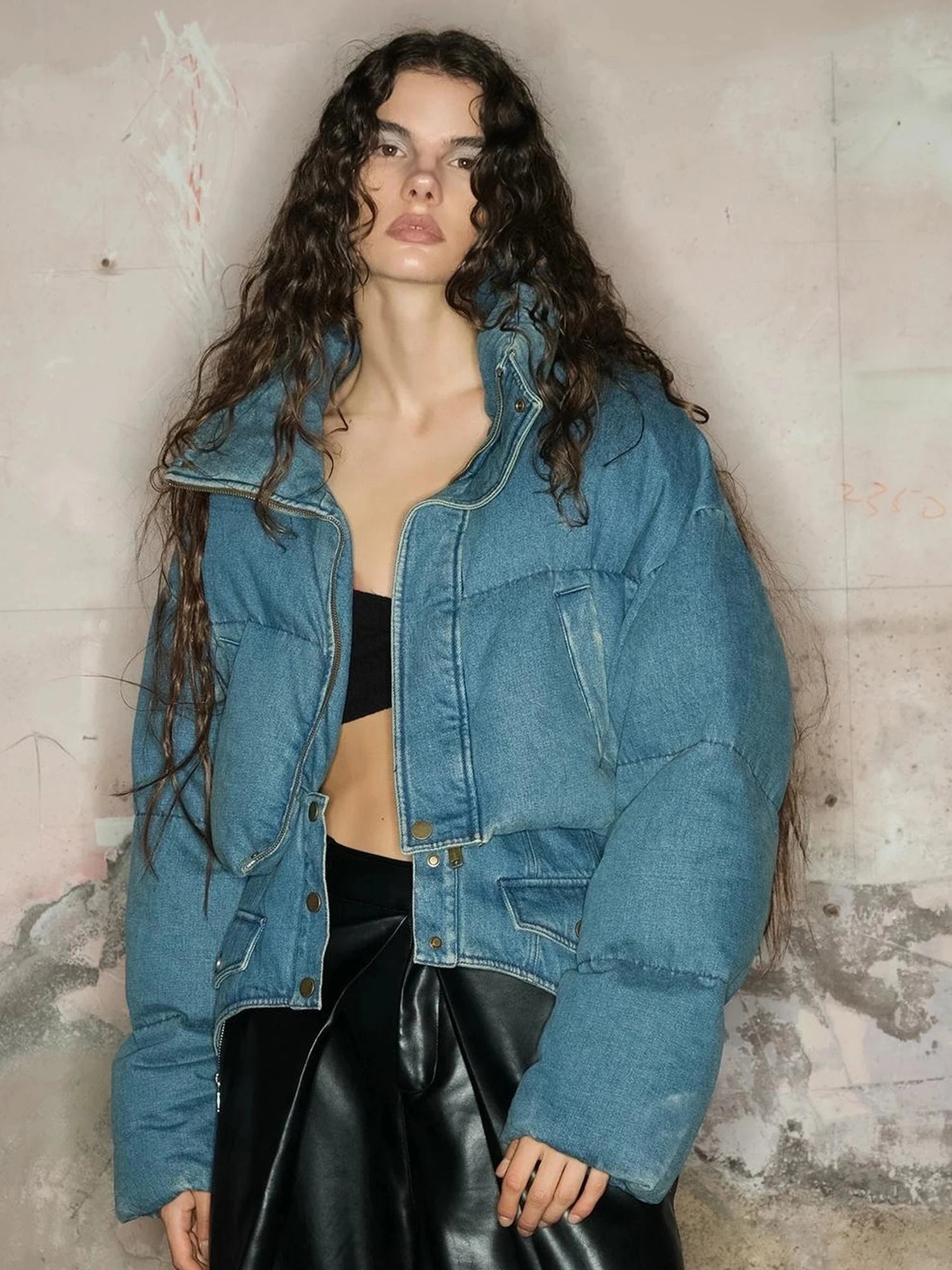 Short Puffer Jacket With 90 White Duck Down In Denim Style