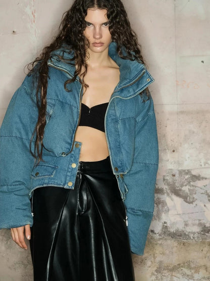 Short Puffer Jacket With 90 White Duck Down In Denim Style