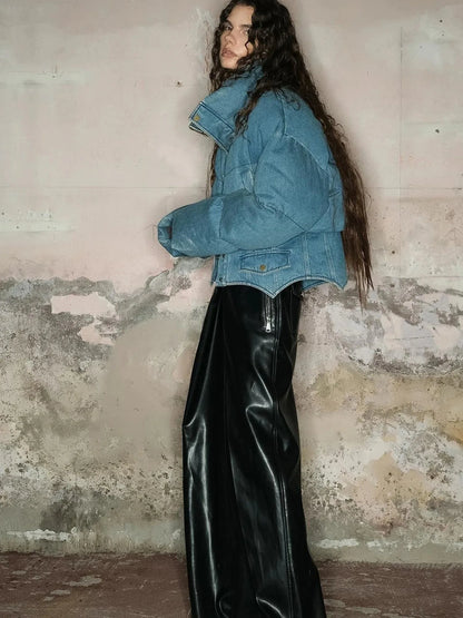 Short Puffer Jacket With 90 White Duck Down In Denim Style