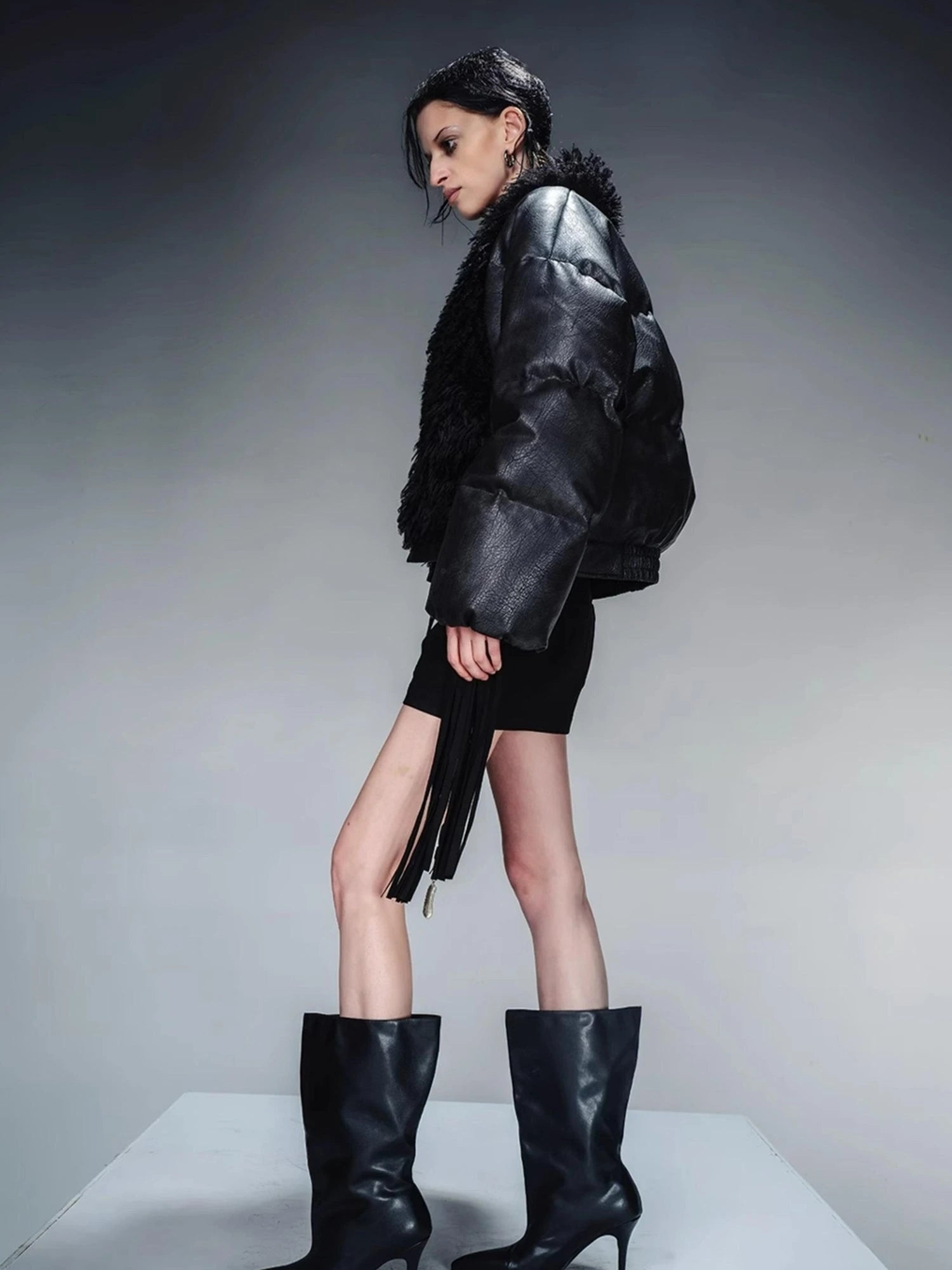 Short Puffer Jacket With Eco Fur Trim And Textured Leather