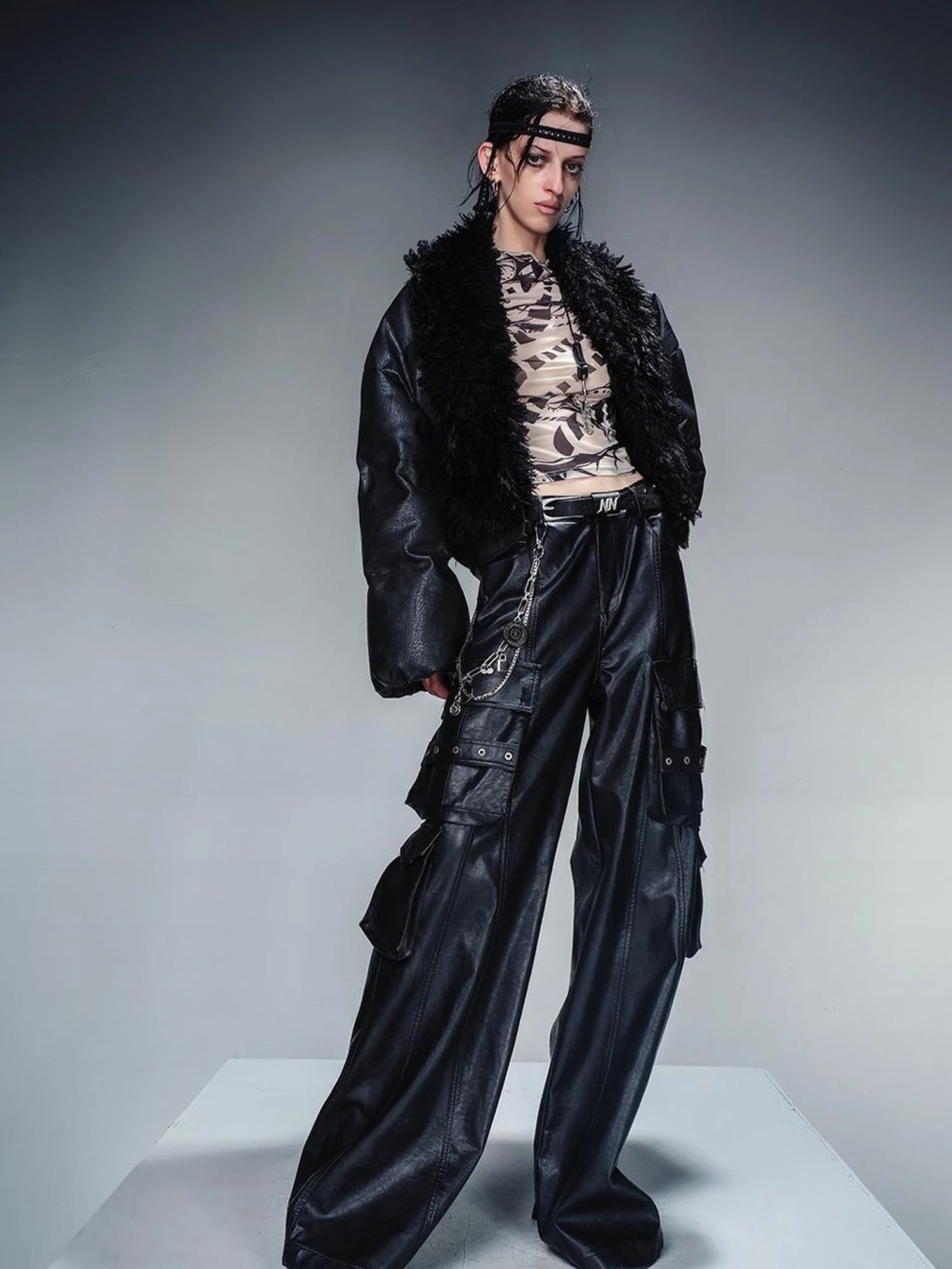 Short Puffer Jacket With Eco Fur Trim And Textured Leather