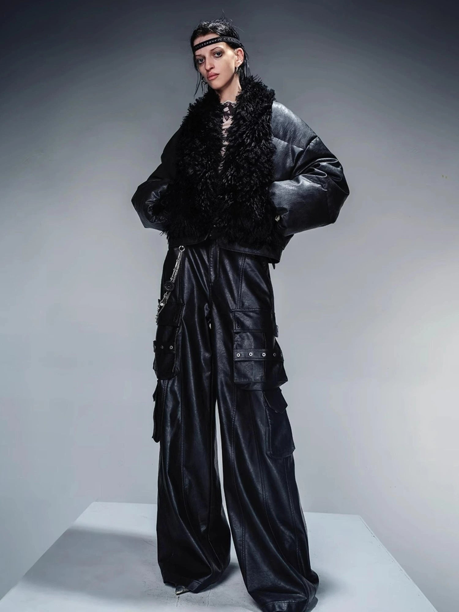 Short Puffer Jacket With Eco Fur Trim And Textured Leather