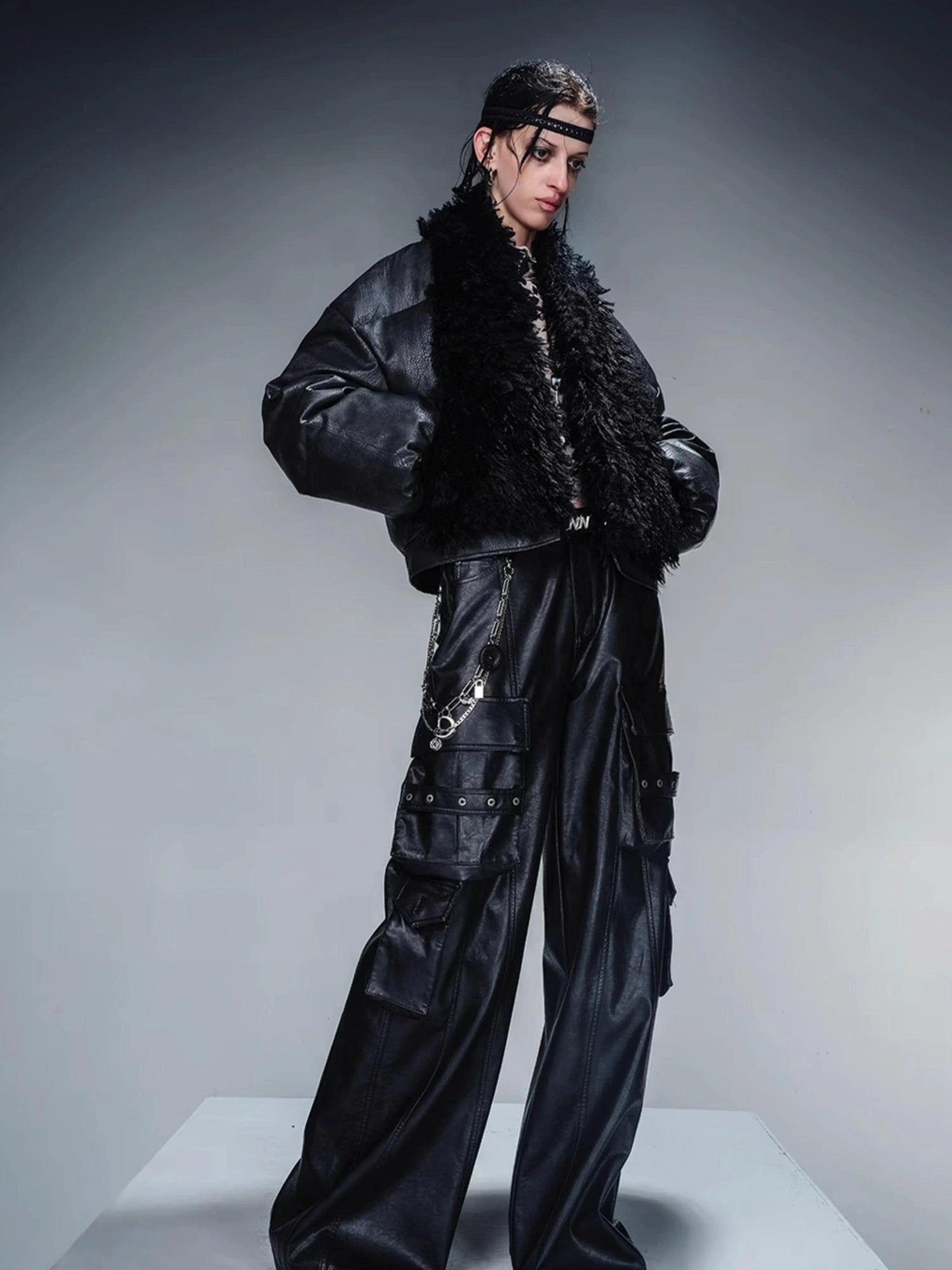 Short Puffer Jacket With Eco Fur Trim And Textured Leather