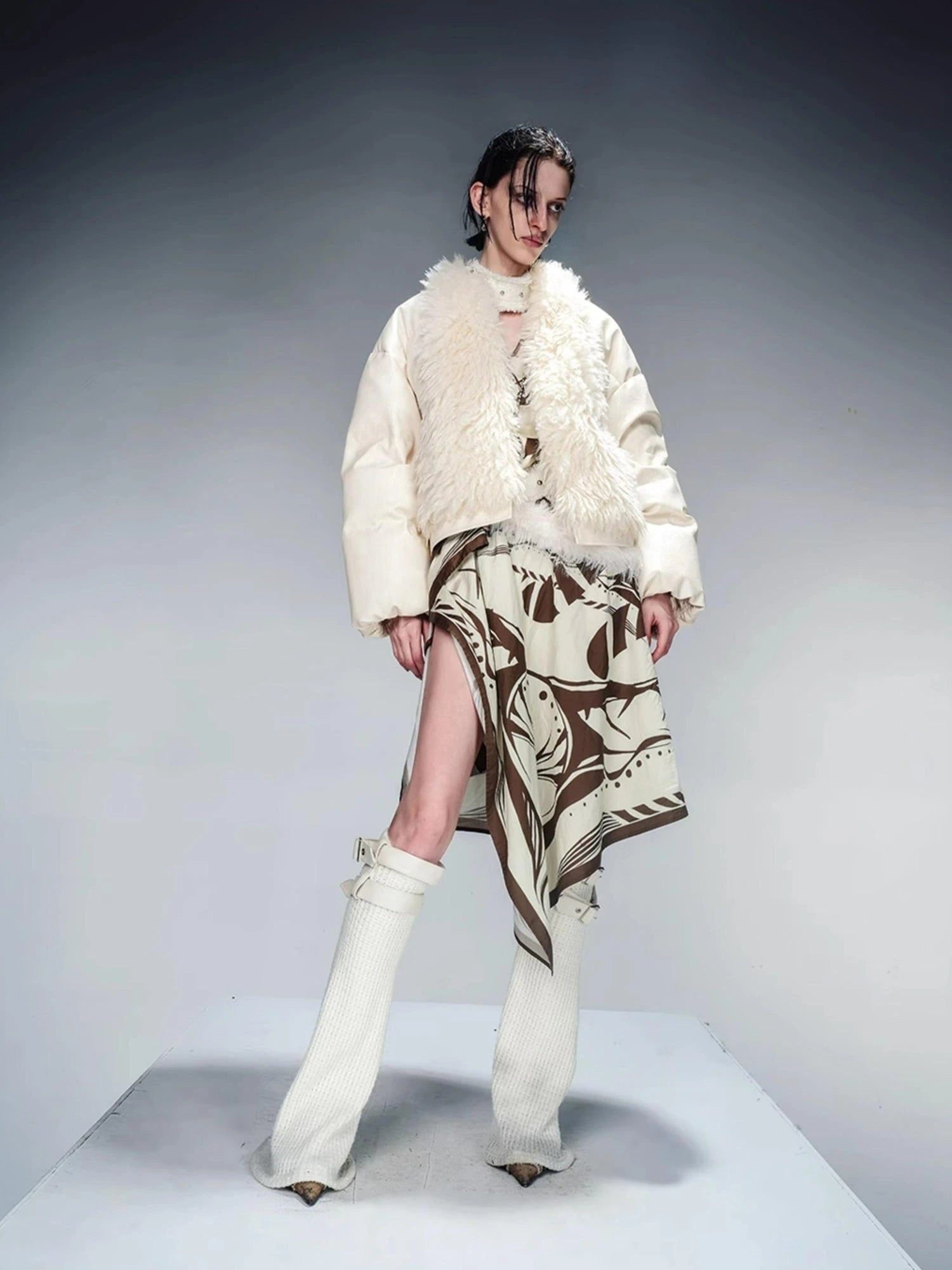 Short Puffer Jacket With Eco Fur Trim And Textured Leather