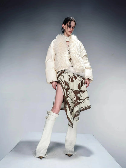 Short Puffer Jacket With Eco Fur Trim And Textured Leather