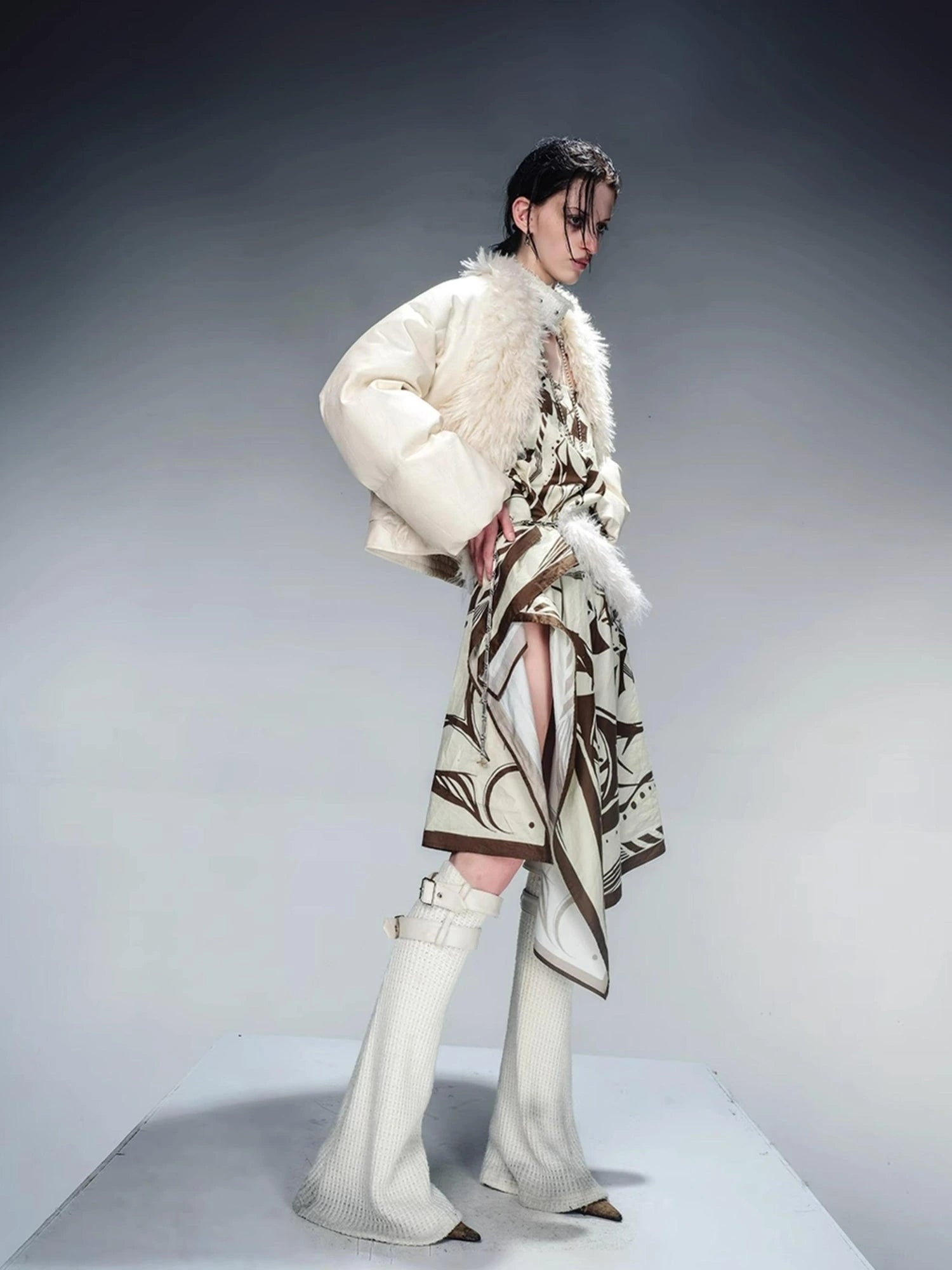 Short Puffer Jacket With Eco Fur Trim And Textured Leather