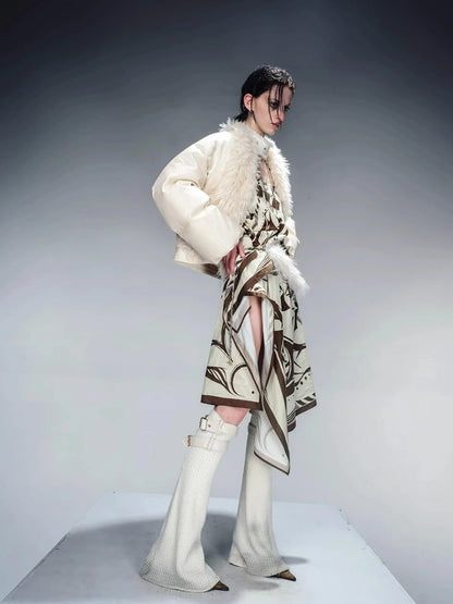 Short Puffer Jacket With Eco Fur Trim And Textured Leather