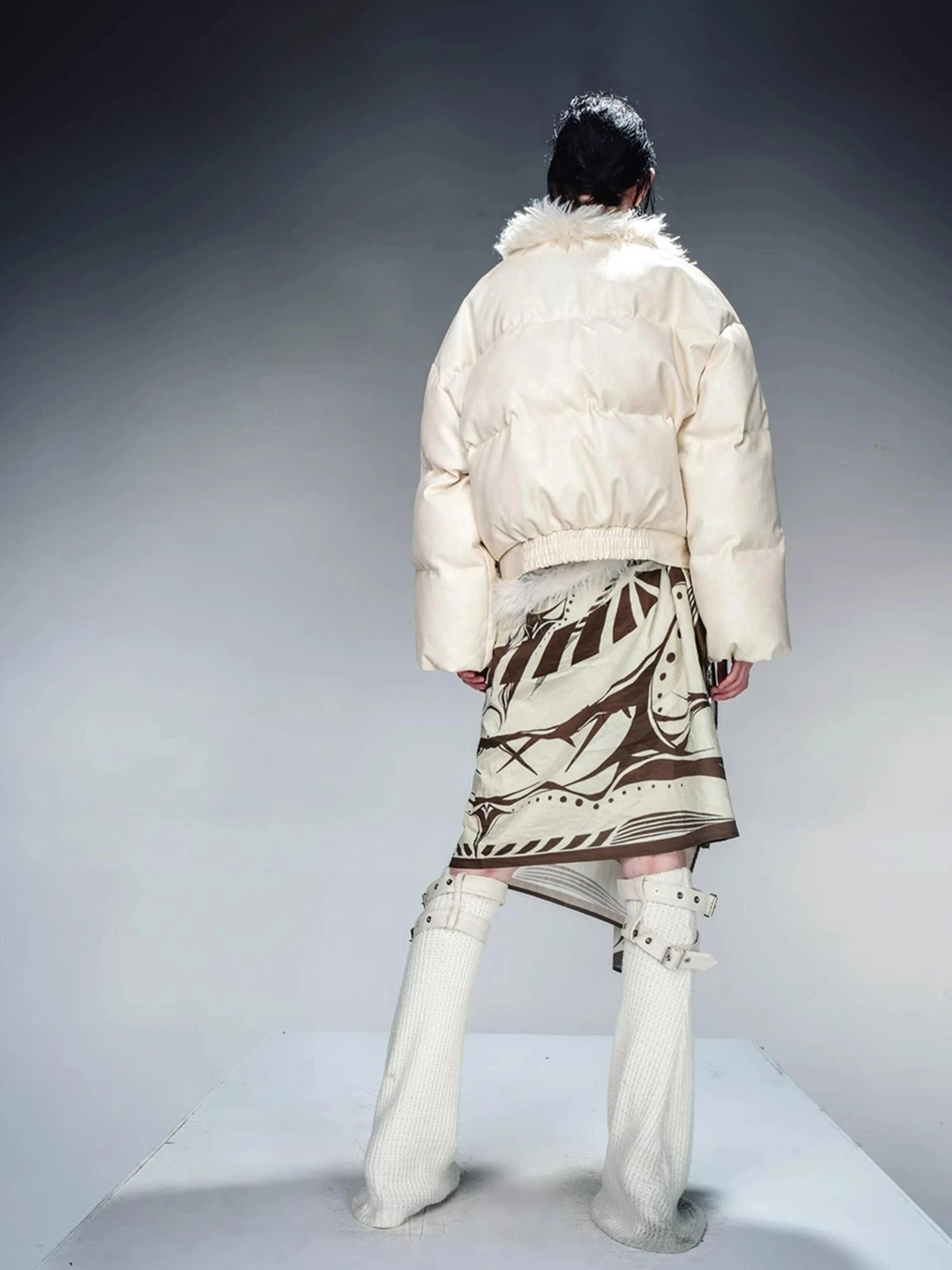 Short Puffer Jacket With Eco Fur Trim And Textured Leather