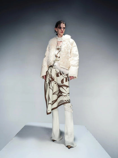 Short Puffer Jacket With Eco Fur Trim And Textured Leather