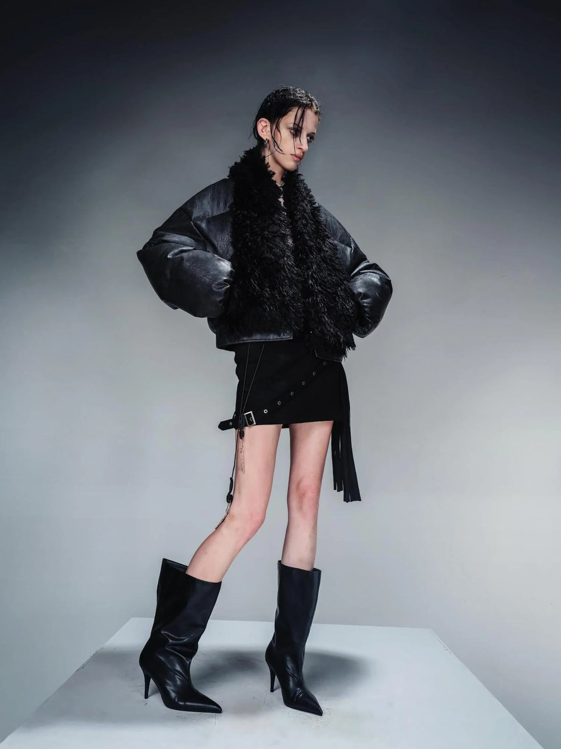 Short Puffer Jacket With Eco Fur Trim And Textured Leather