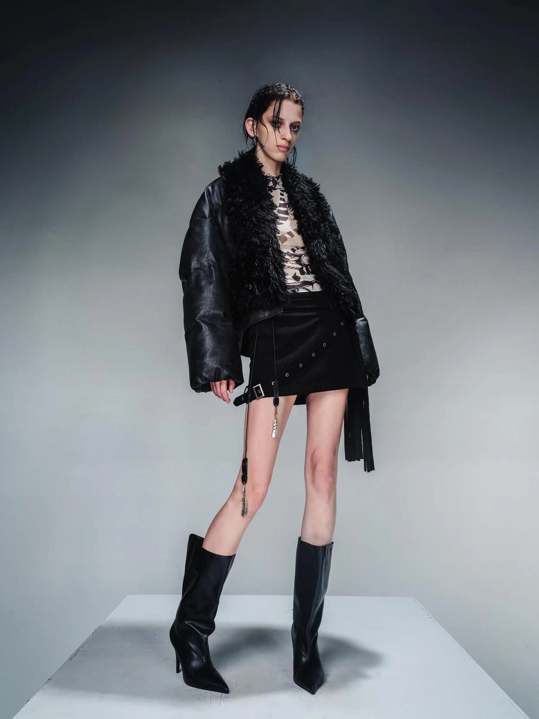 Short Puffer Jacket With Eco Fur Trim And Textured Leather