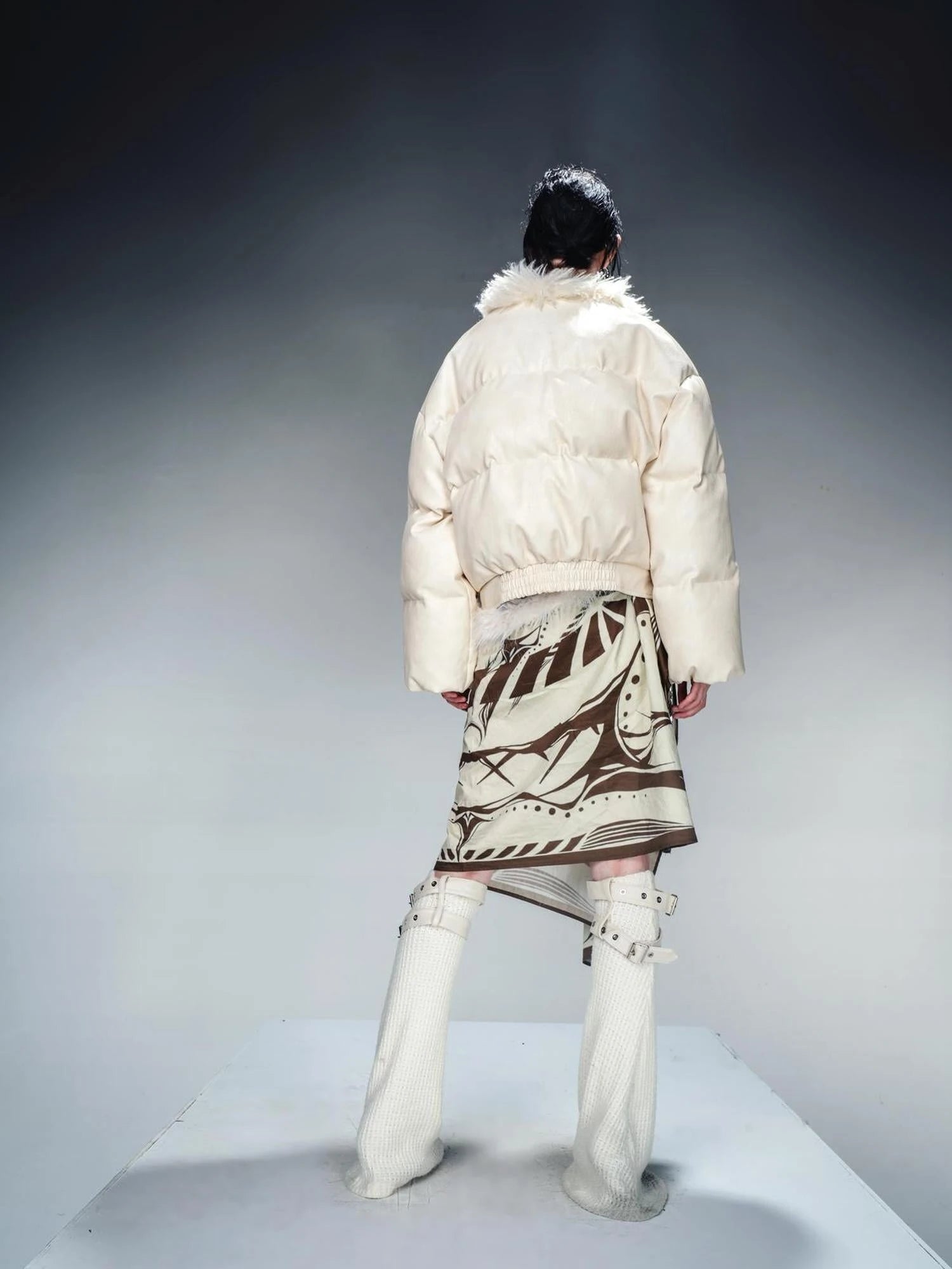 Short Puffer Jacket With Eco Fur Trim And Textured Leather