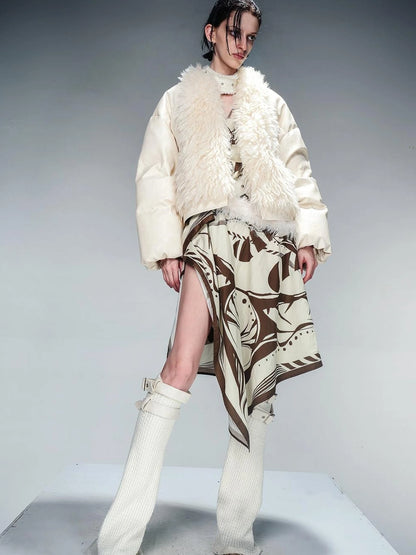 Short Puffer Jacket With Eco Fur Trim And Textured Leather