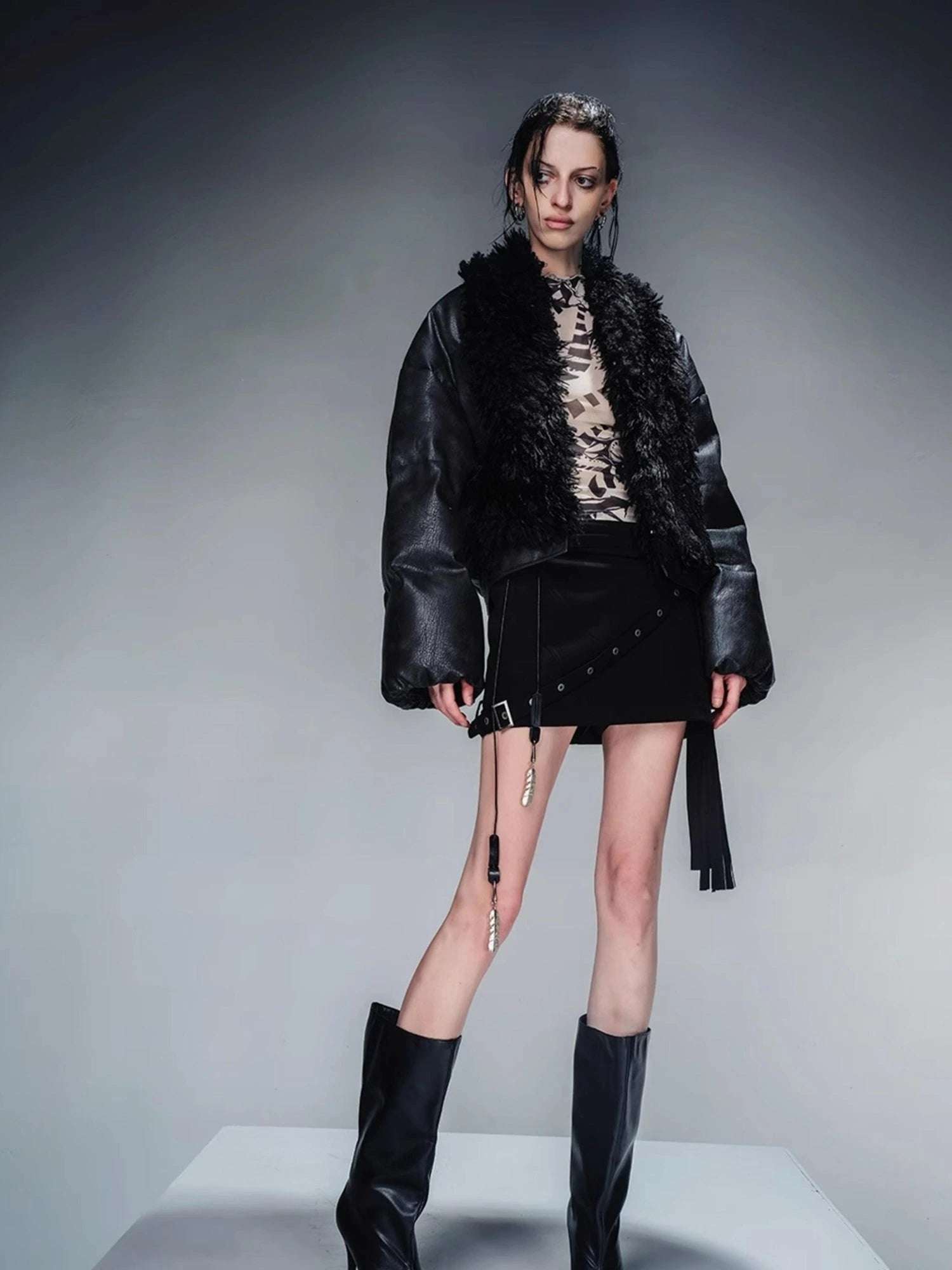 Short Puffer Jacket With Eco Fur Trim And Textured Leather