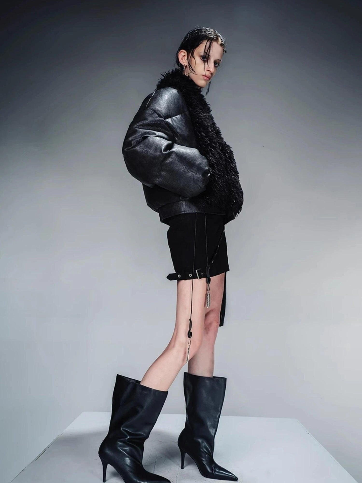 Short Puffer Jacket With Eco Fur Trim And Textured Leather