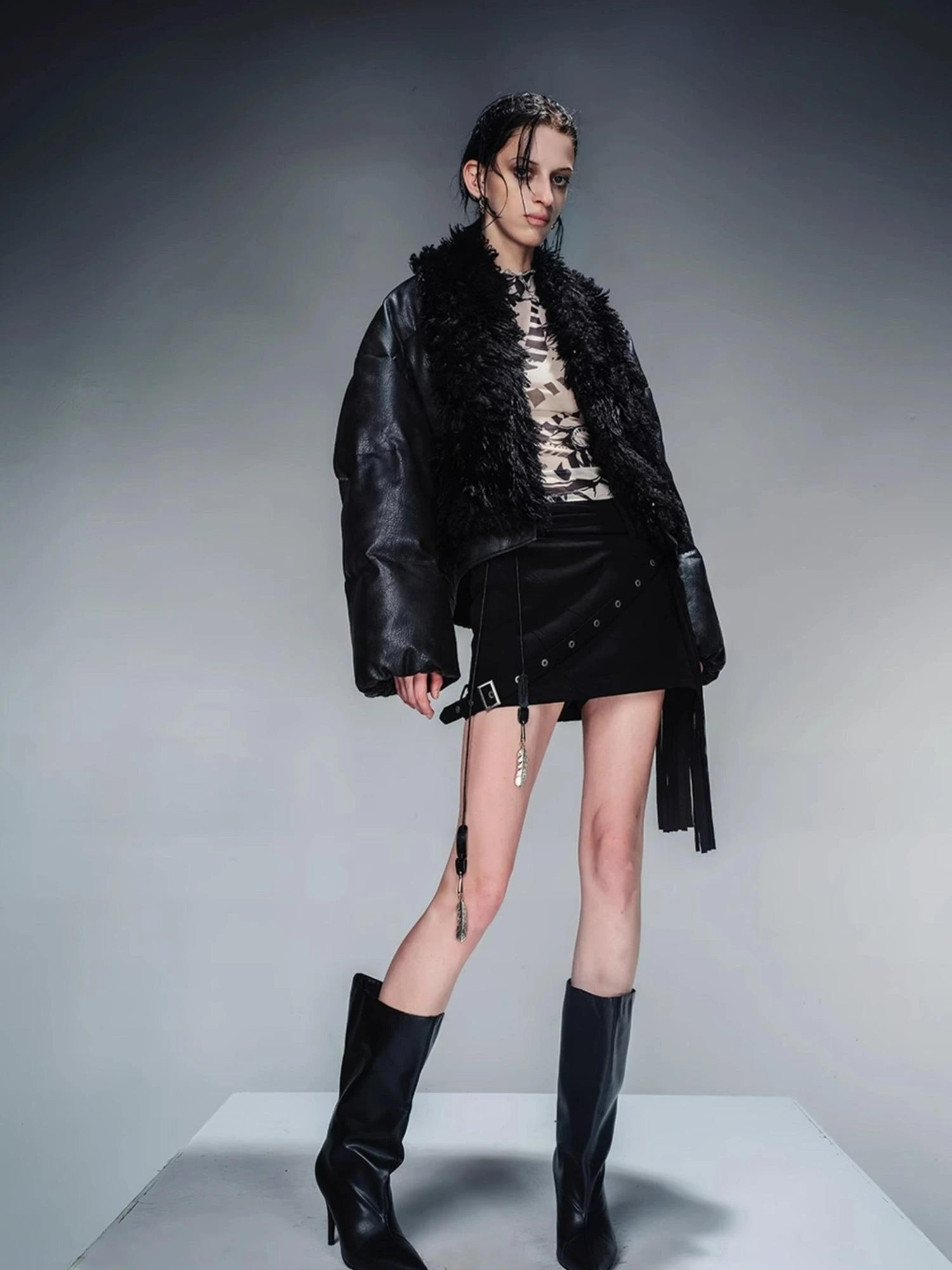 Short Puffer Jacket With Eco Fur Trim And Textured Leather