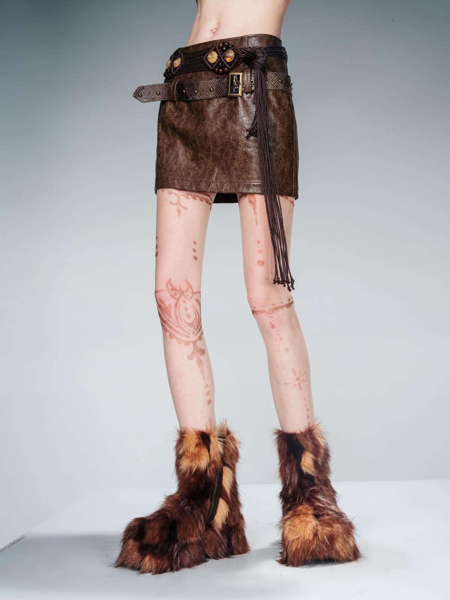 NN NORTH NODE Snake Textured Double Belt Fringe Leather Skirt With Waistchain