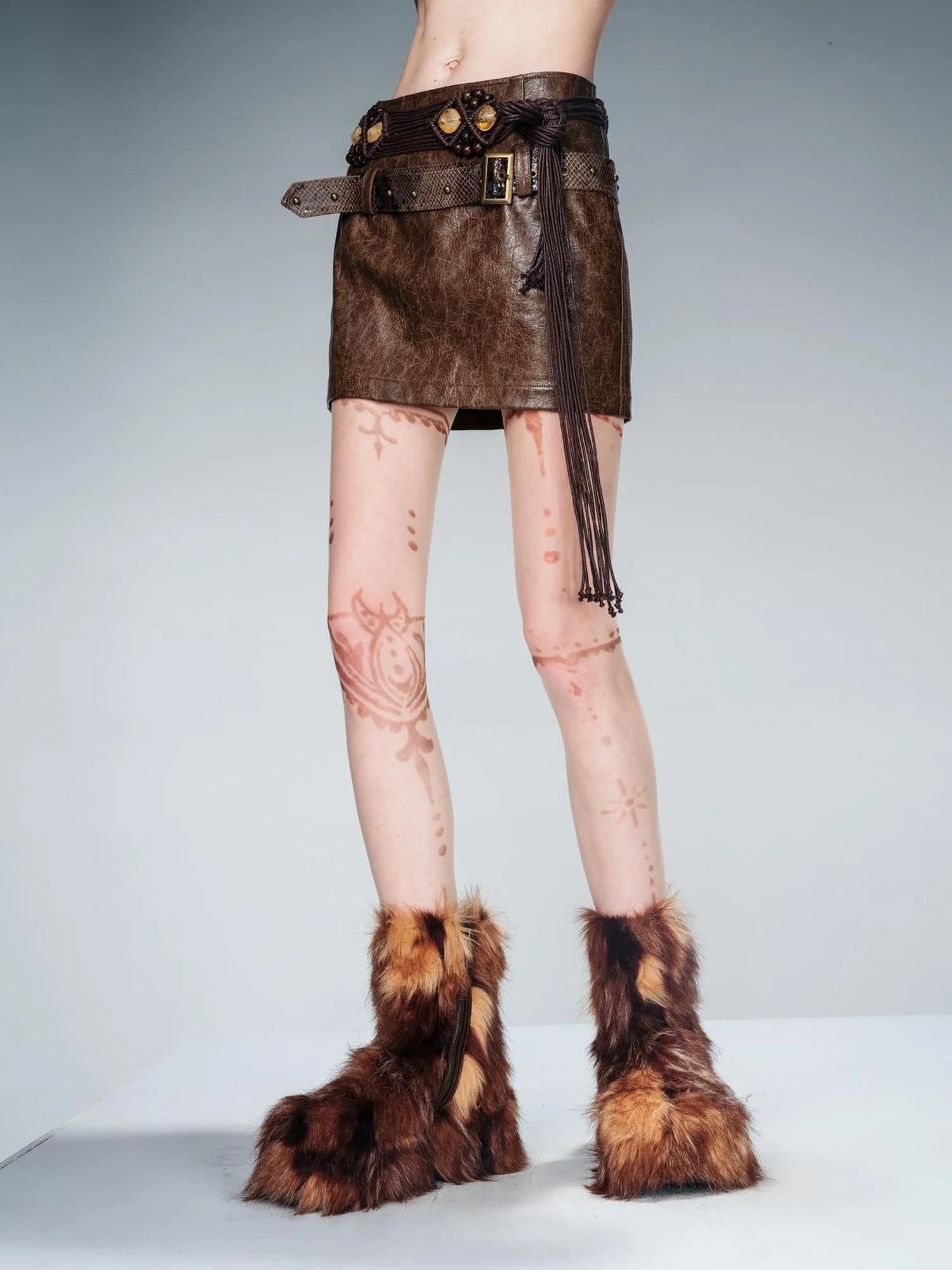 Snake Textured Double Belt Fringe Leather Skirt With Waistchain