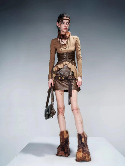 Snake Textured Double Belt Fringe Leather Skirt With Waistchain