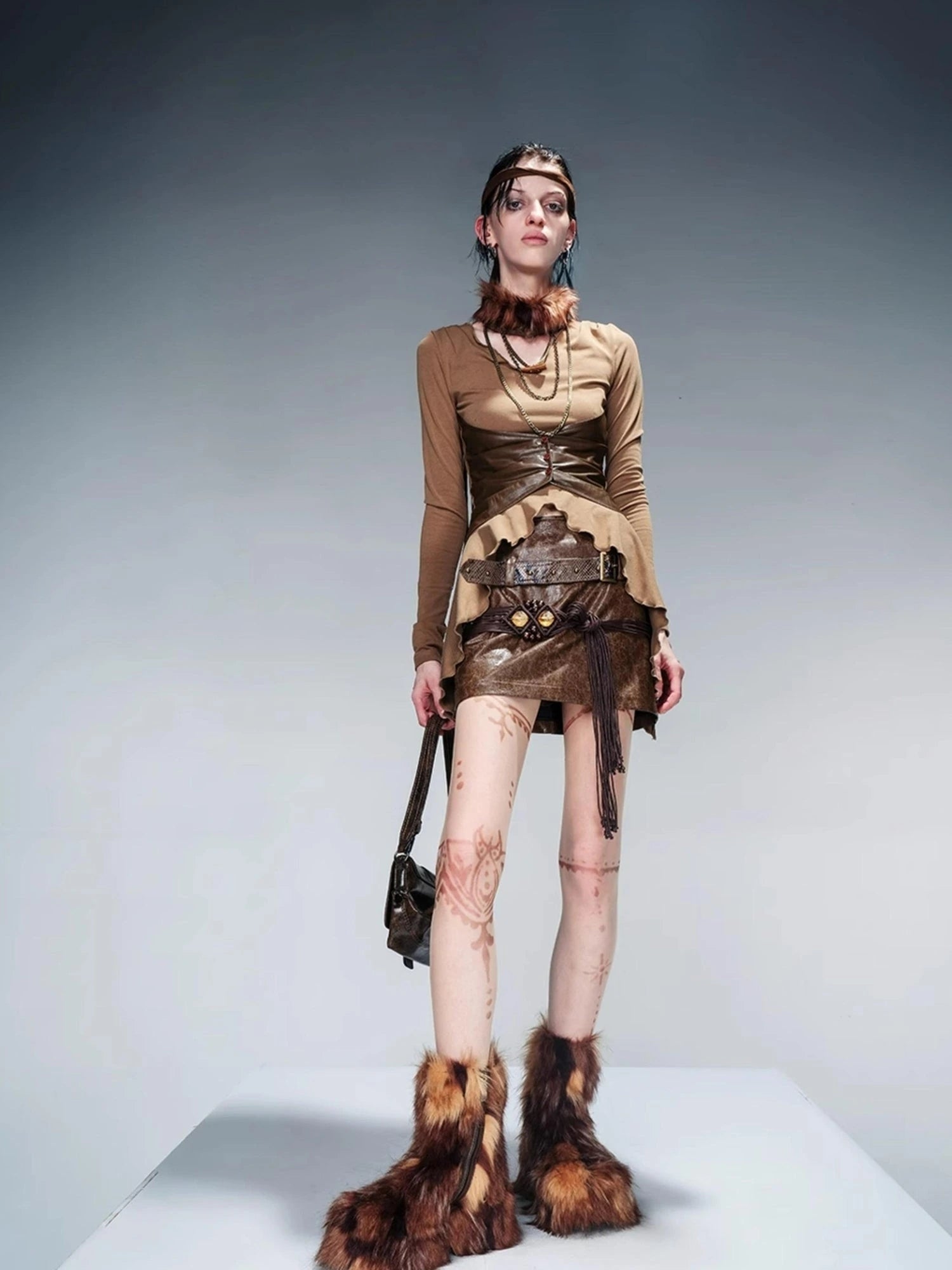 Snake Textured Double Belt Fringe Leather Skirt With Waistchain