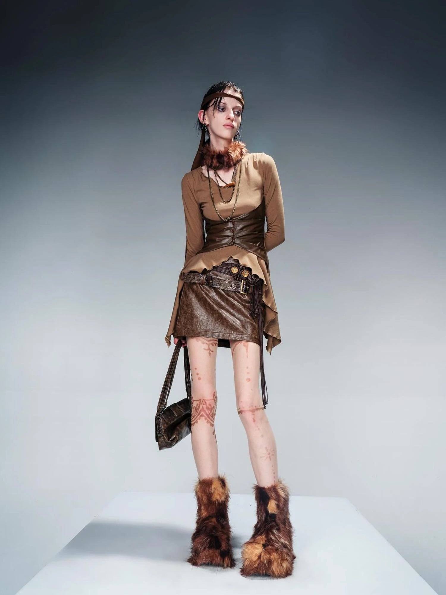 Snake Textured Double Belt Fringe Leather Skirt With Waistchain