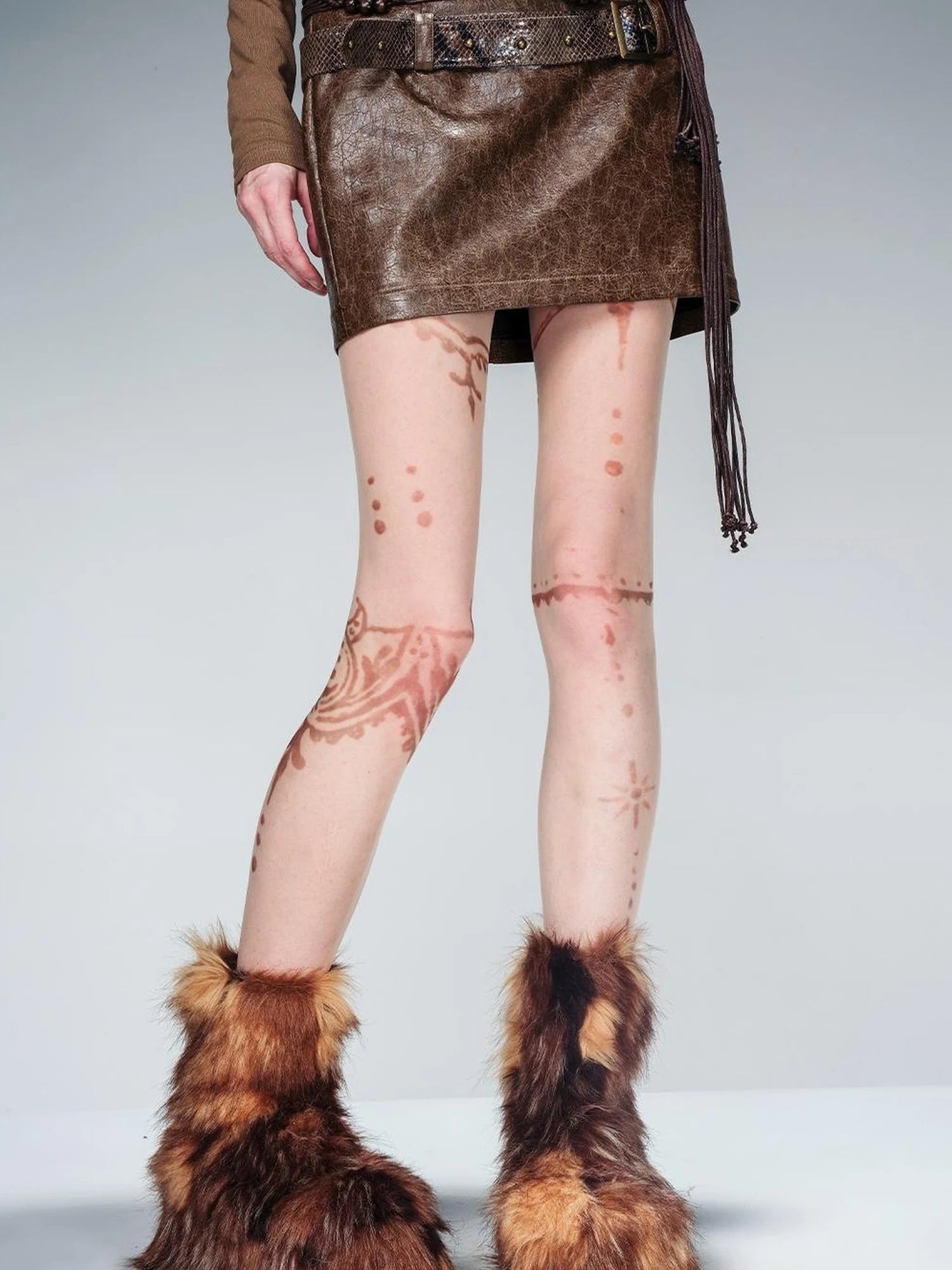 Snake Textured Double Belt Fringe Leather Skirt With Waistchain