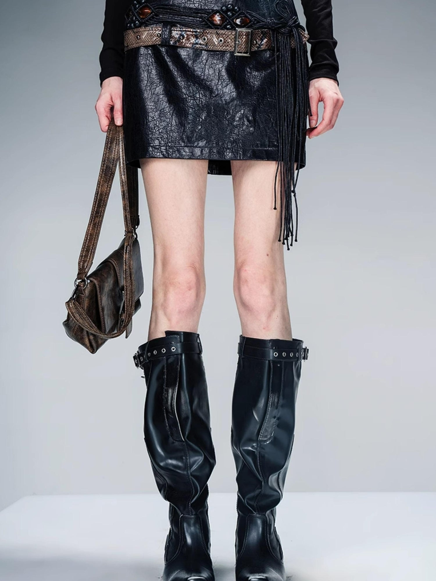 NN NORTH NODE Snake Textured Double Belt Fringe Leather Skirt With Waistchain
