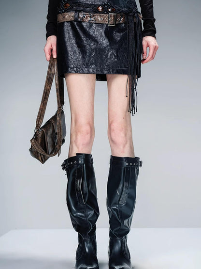 NN NORTH NODE Snake Textured Double Belt Fringe Leather Skirt With Waistchain