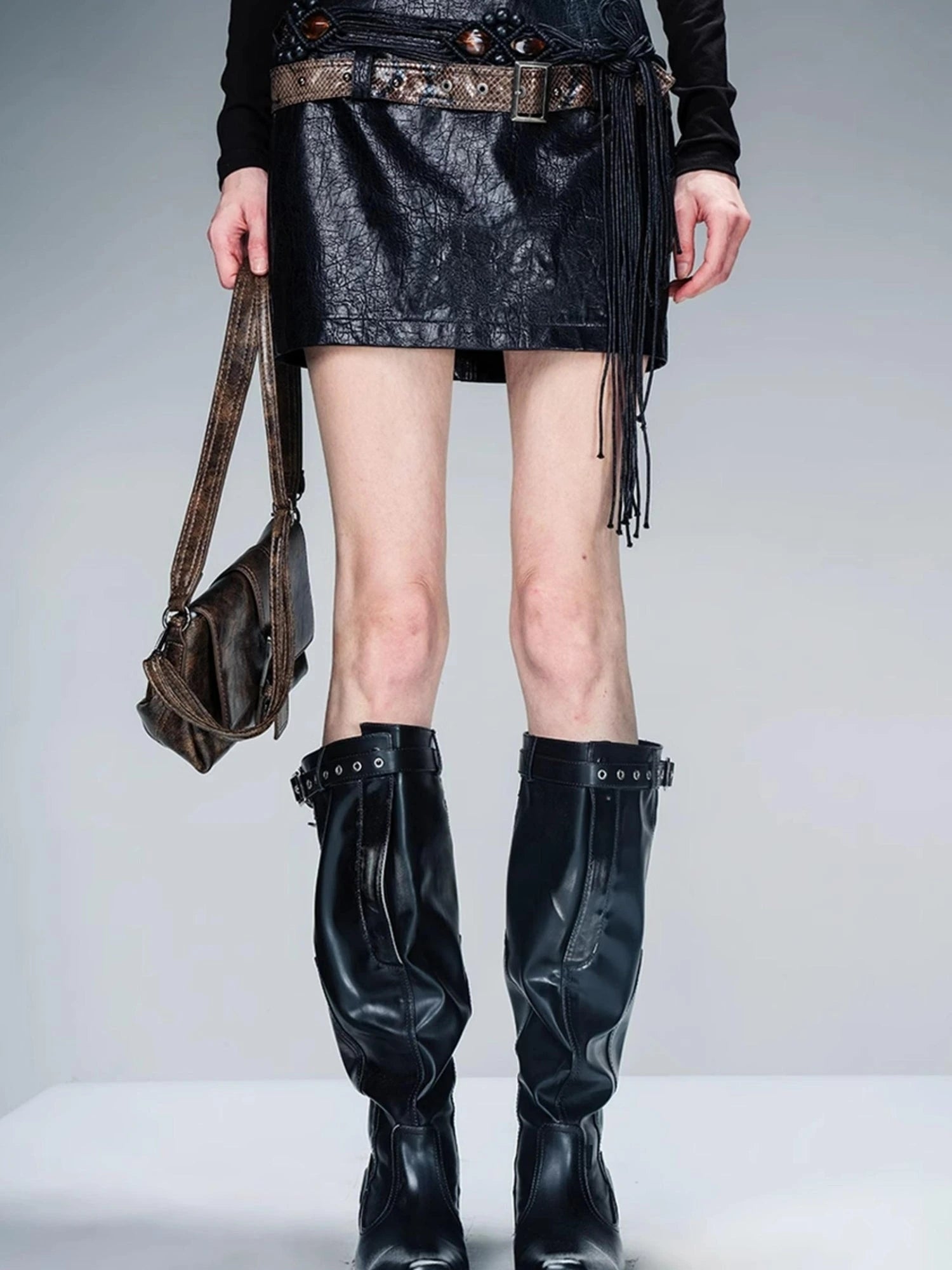 Snake Textured Double Belt Fringe Leather Skirt With Waistchain
