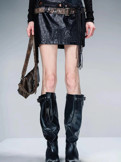 Snake Textured Double Belt Fringe Leather Skirt With Waistchain