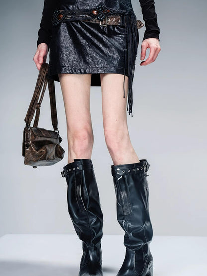 NN NORTH NODE Snake Textured Double Belt Fringe Leather Skirt With Waistchain