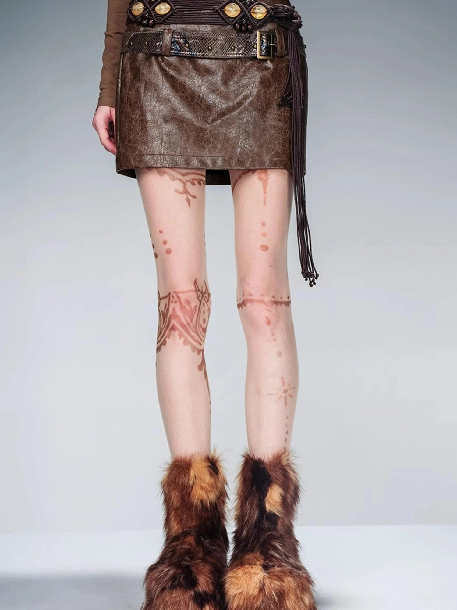 Snake Textured Double Belt Fringe Leather Skirt With Waistchain