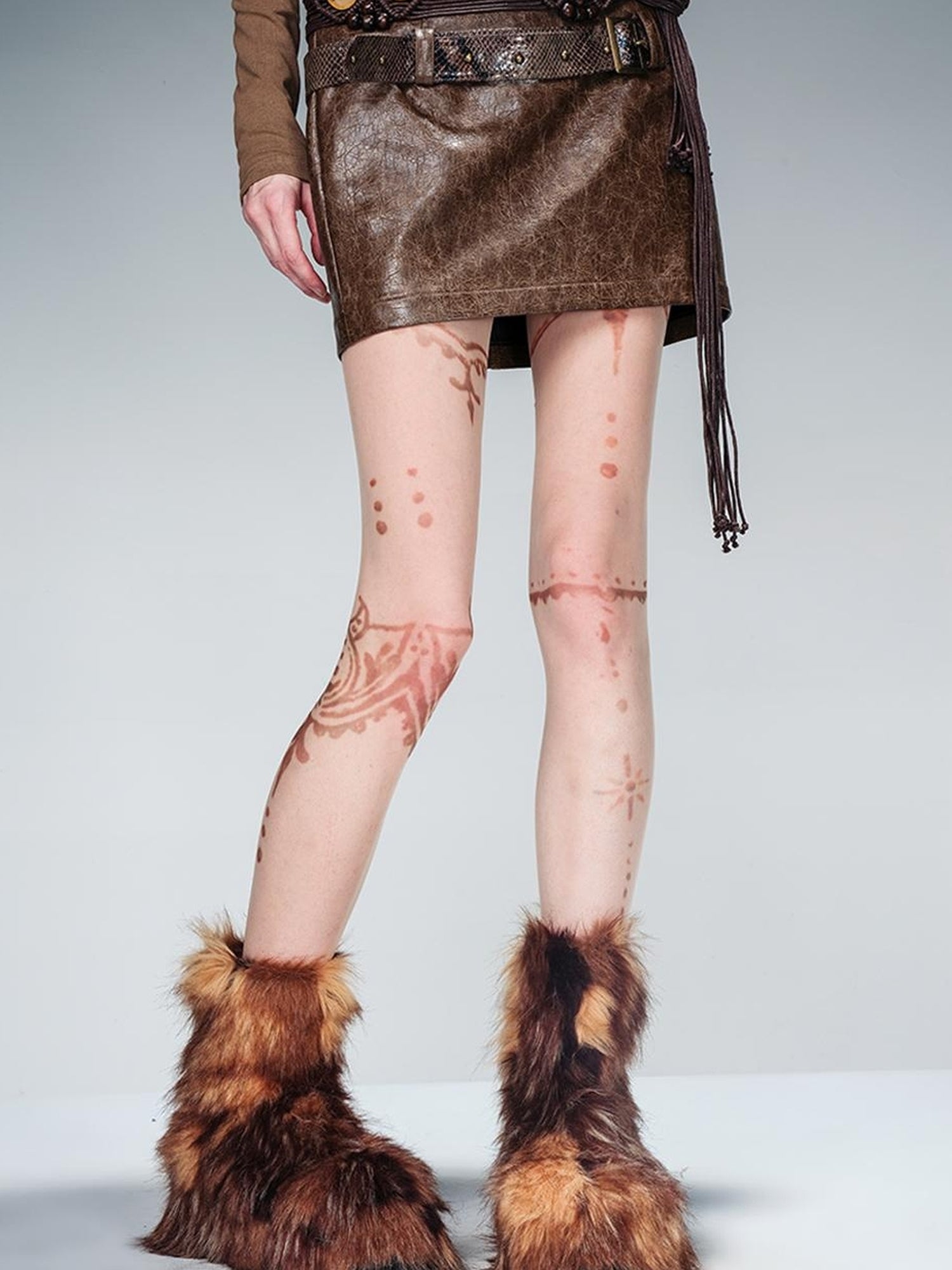 NN NORTH NODE Snake Textured Double Belt Fringe Leather Skirt With Waistchain