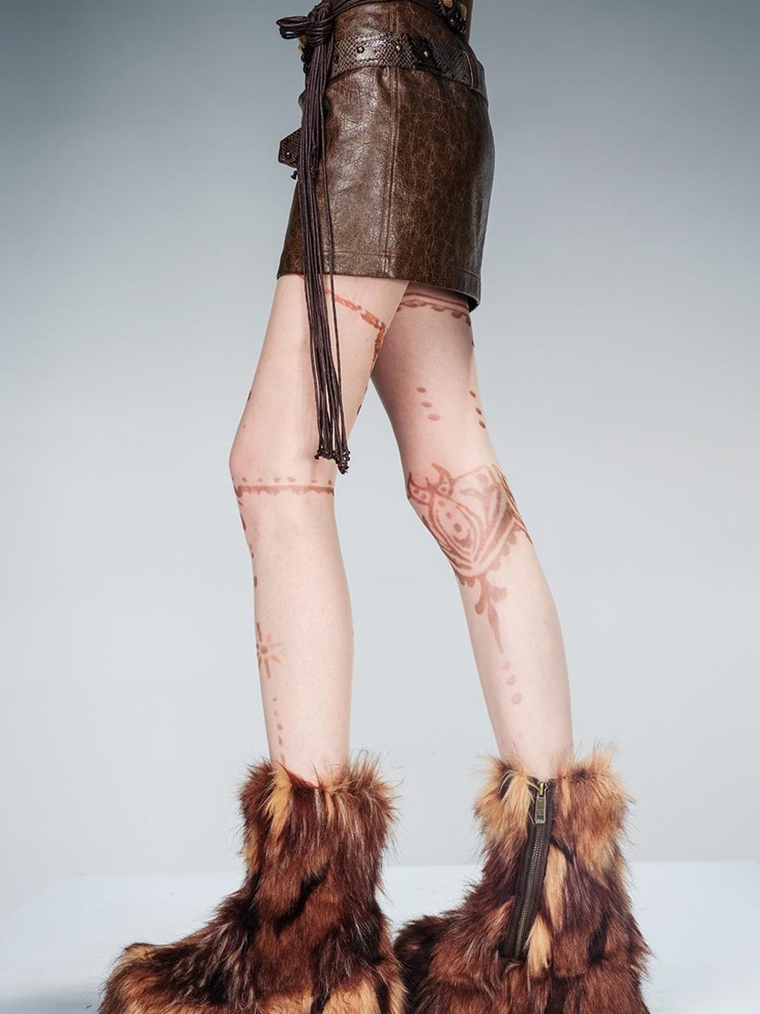 NN NORTH NODE Snake Textured Double Belt Fringe Leather Skirt With Waistchain
