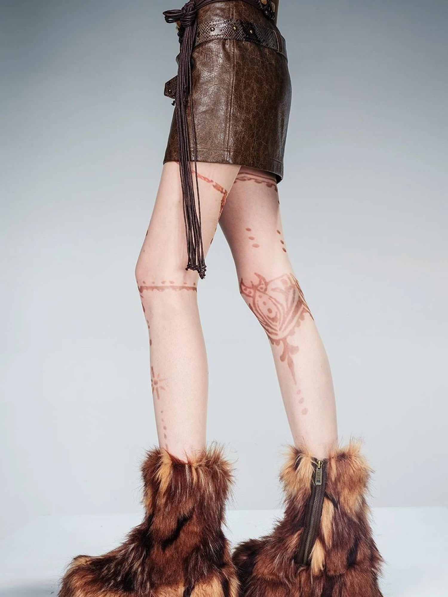 Snake Textured Double Belt Fringe Leather Skirt With Waistchain